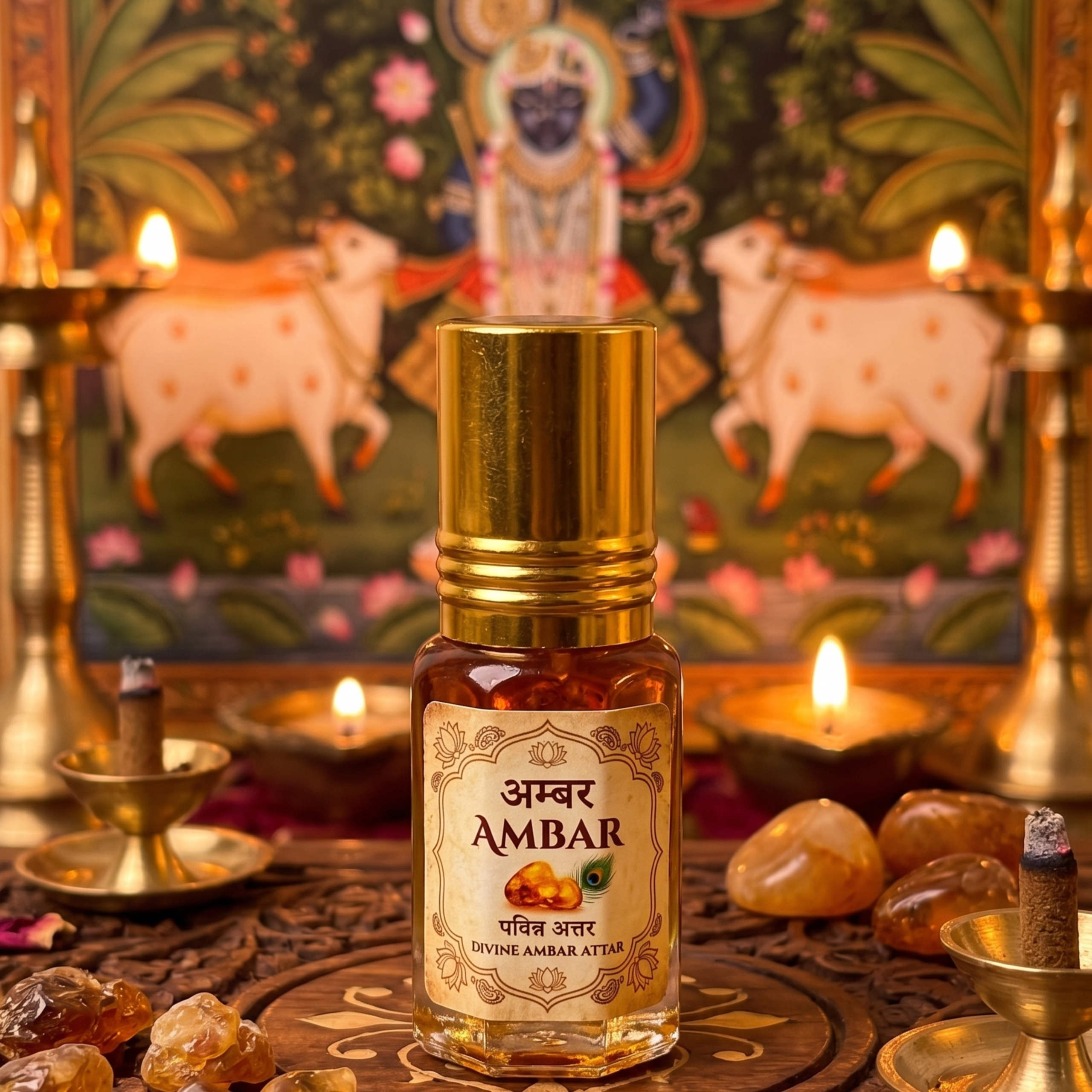 Ambar divine perfume roll-on bottle in front of a Pichwai painting for Thakorji shringar