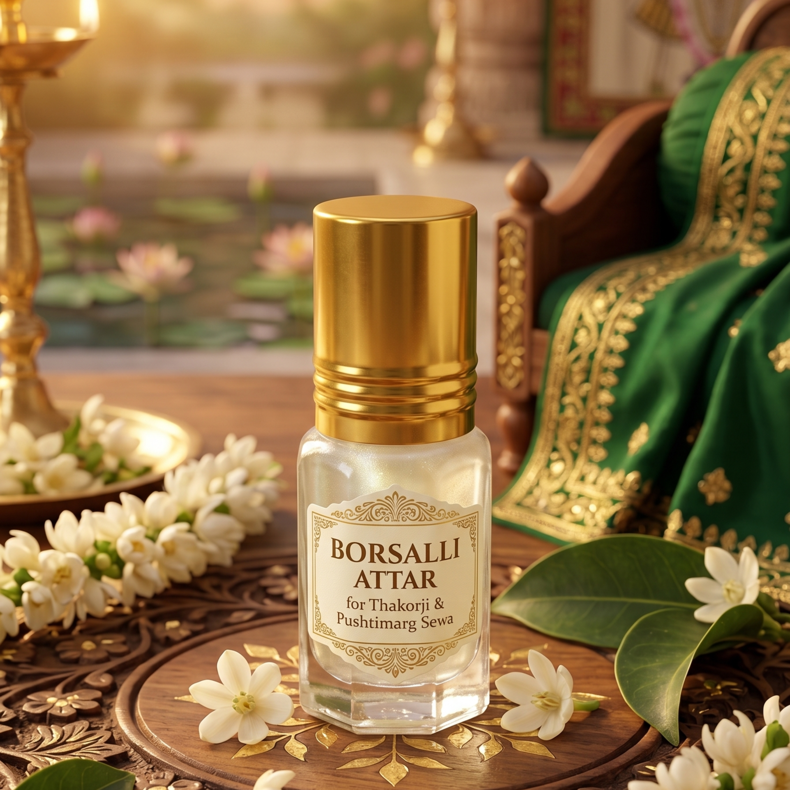 Borsalli Attar glass roll-on bottle placed near white flowers and green vastra for Thakorji shringar