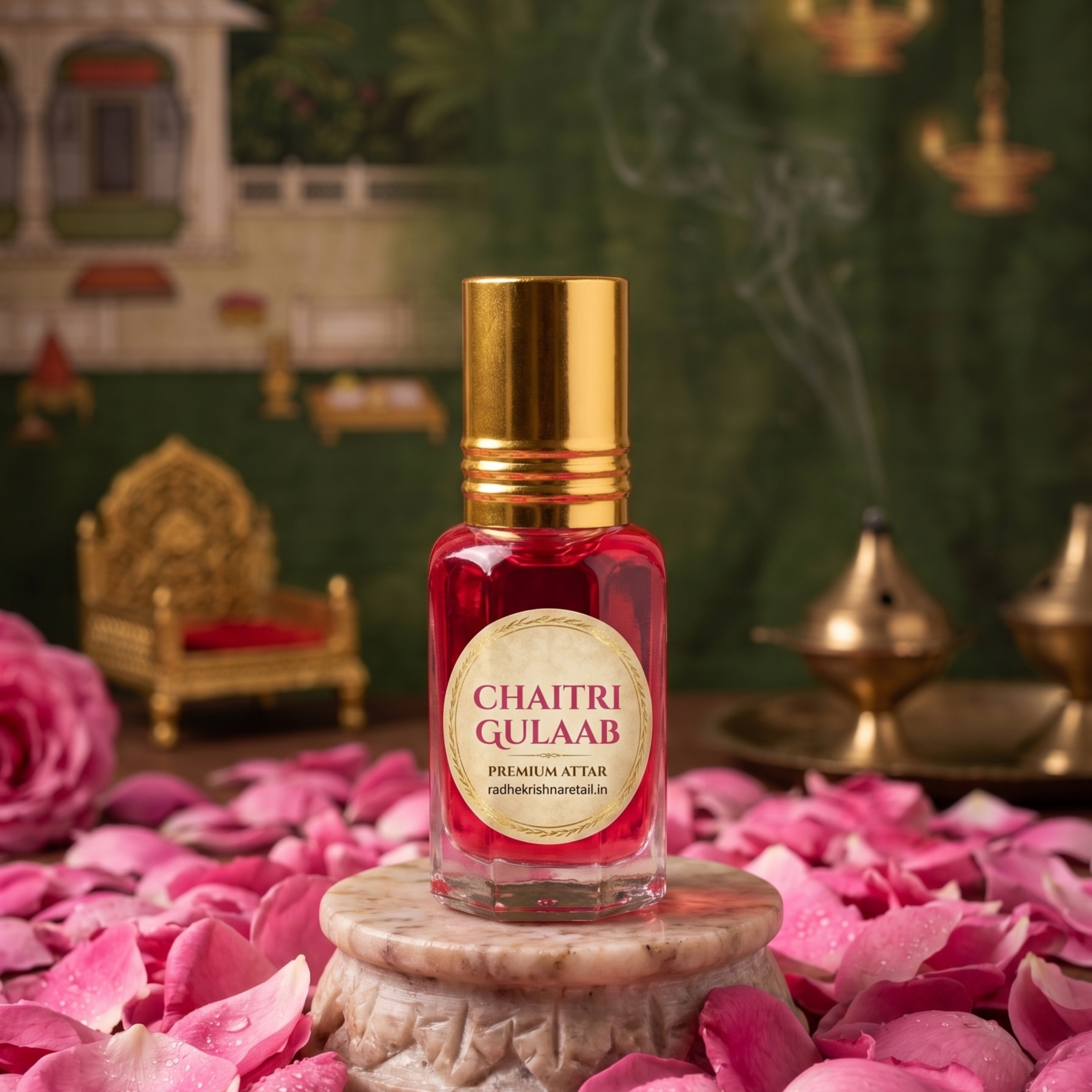 Chaitri Gulab attar bottle for Thakorji seva placed on a marble stand with flower petals in a devotional setting