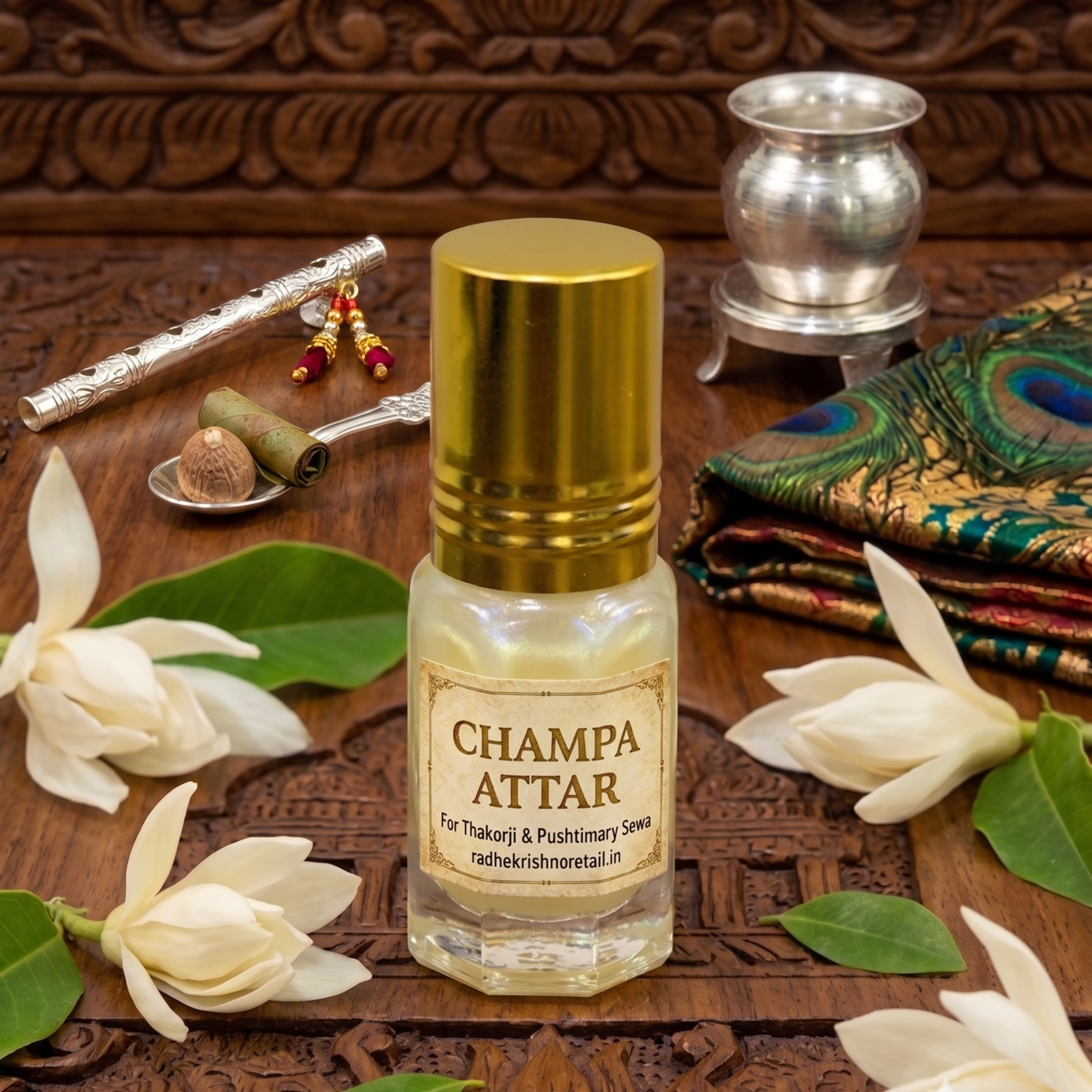 Champa Attar roll-on bottle surrounded by white flowers, flute, and peacock feather vastra for Thakorji shringar