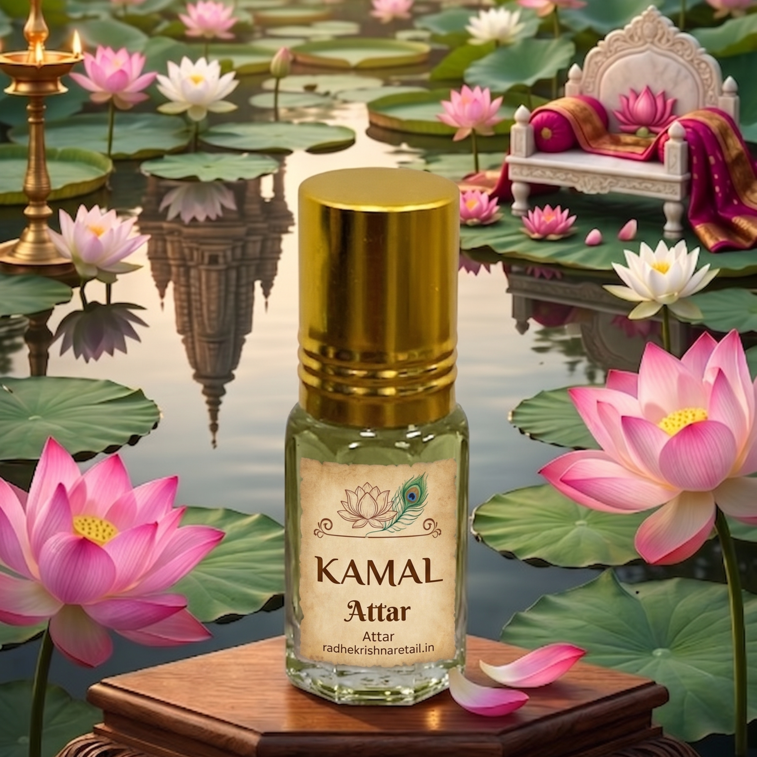 Kamal Attar roll-on bottle surrounded by pink lotus flowers and a lotus pond setting for Thakorji shringar