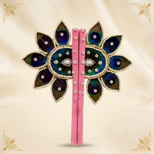 A Pushtimargiya devotional fan for Kanha, featuring peacock feathers, pearls, and sparkling rhinestones, designed for divine worship.