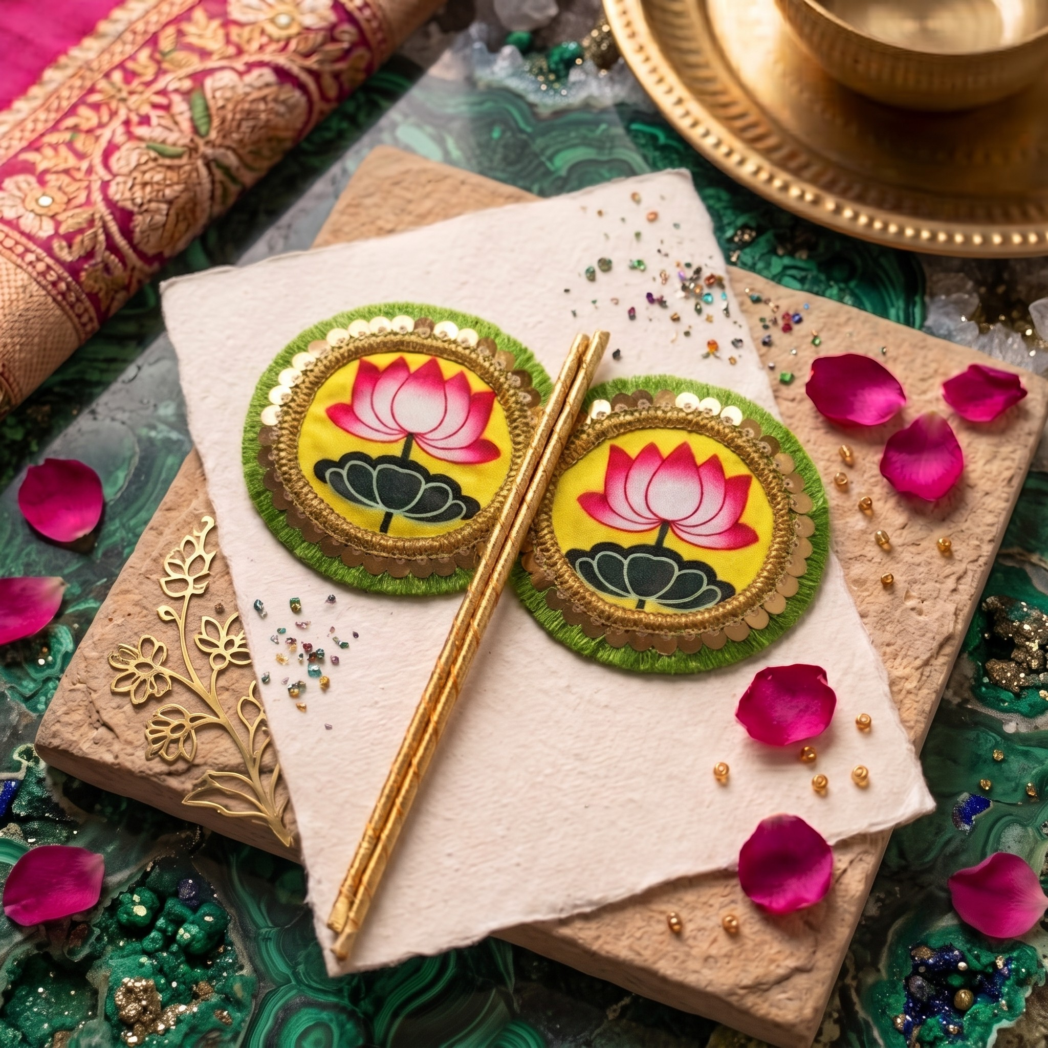 A devotional fan for Kanha featuring two vibrant lotus designs on a yellow background, accented with gold trim and a golden handle.