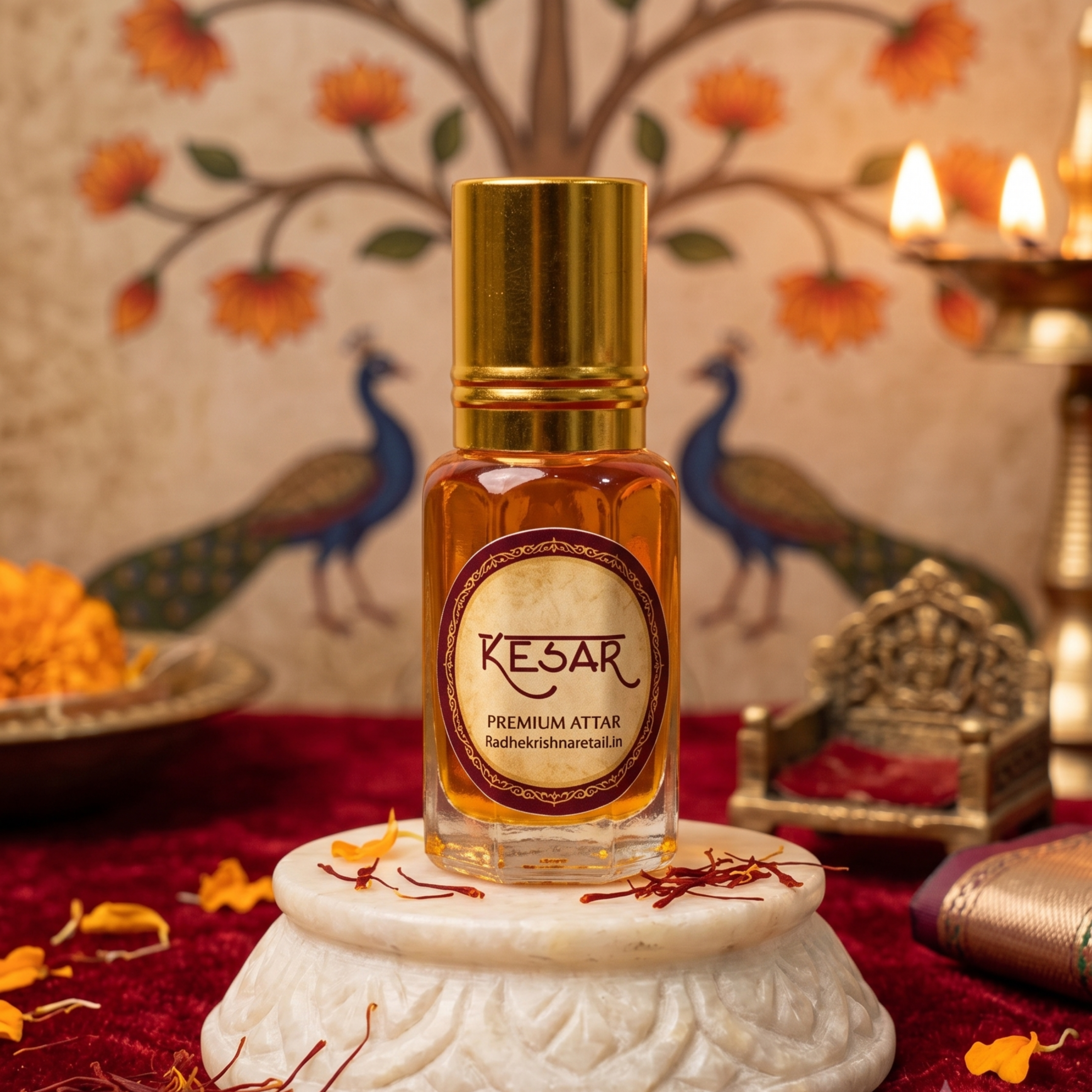 Kesar attar bottle for Pushtimarg Thakorji seva displayed on a marble pedestal in a devotional setting