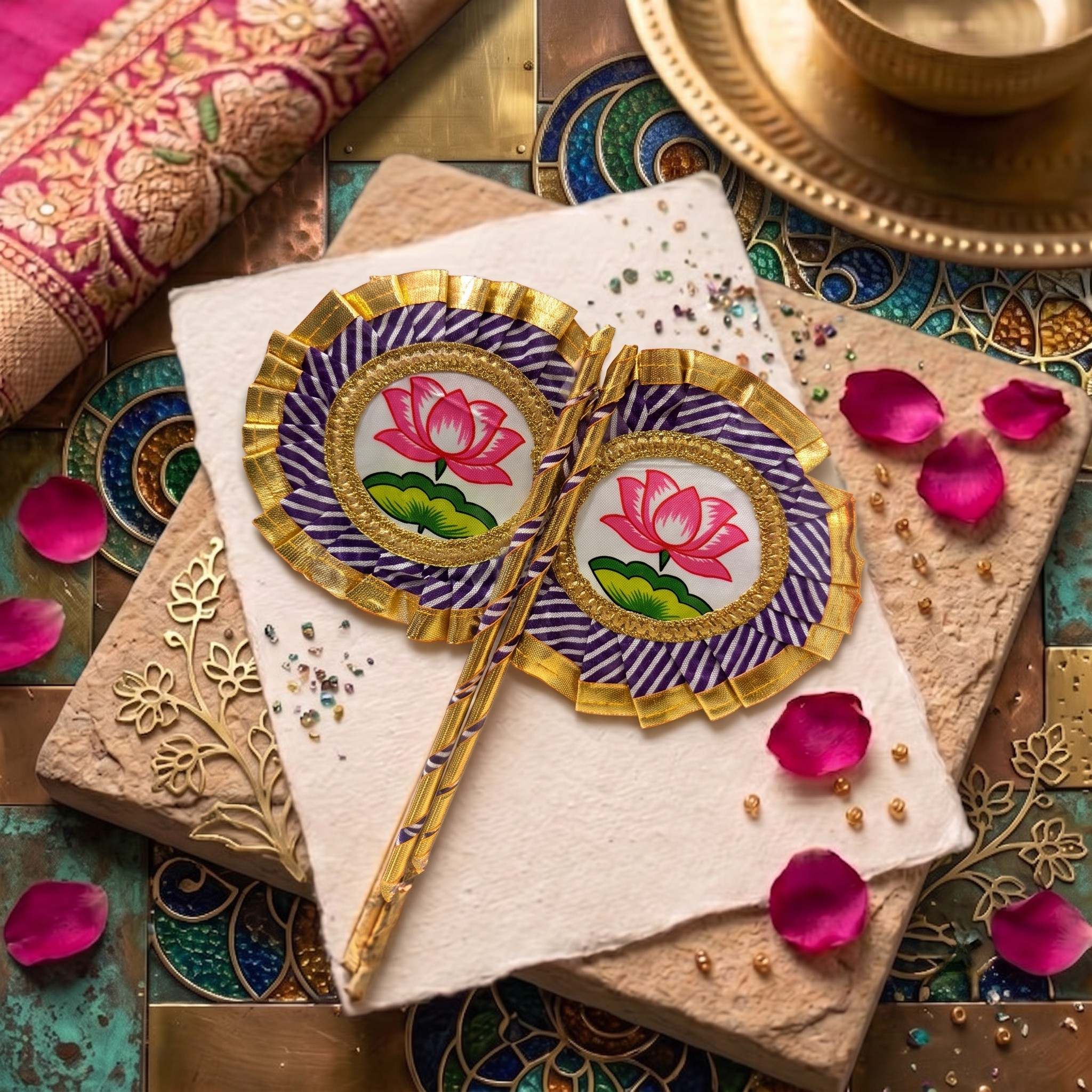 A decorative fan featuring two lotus flowers on a white background, framed by purple and white striped fabric and golden trim, presented on a textured surface with rose petals.