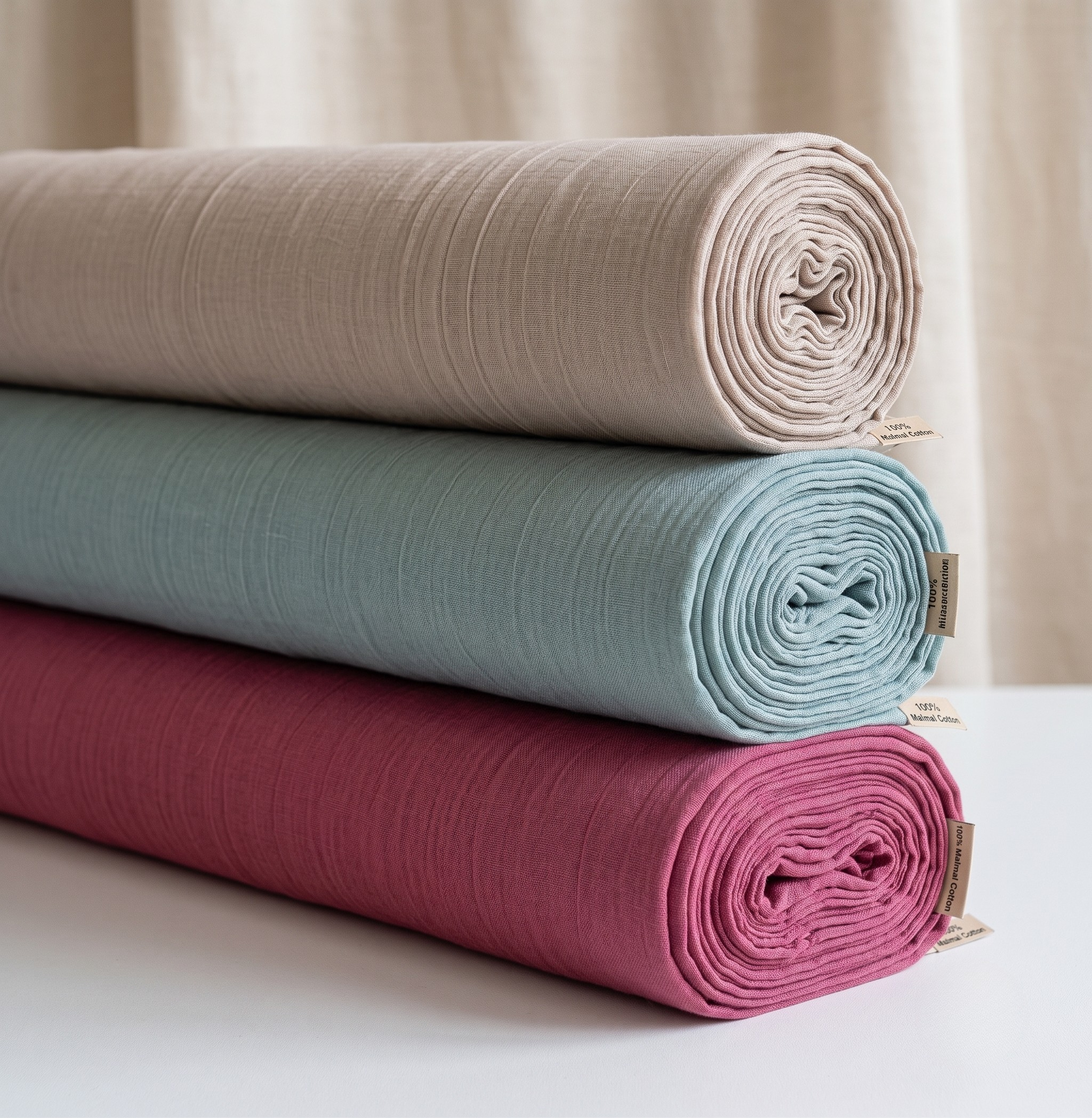 Three rolled malmal cotton vastra pieces stacked as a Thakorji shringar set for devotional temple dressing