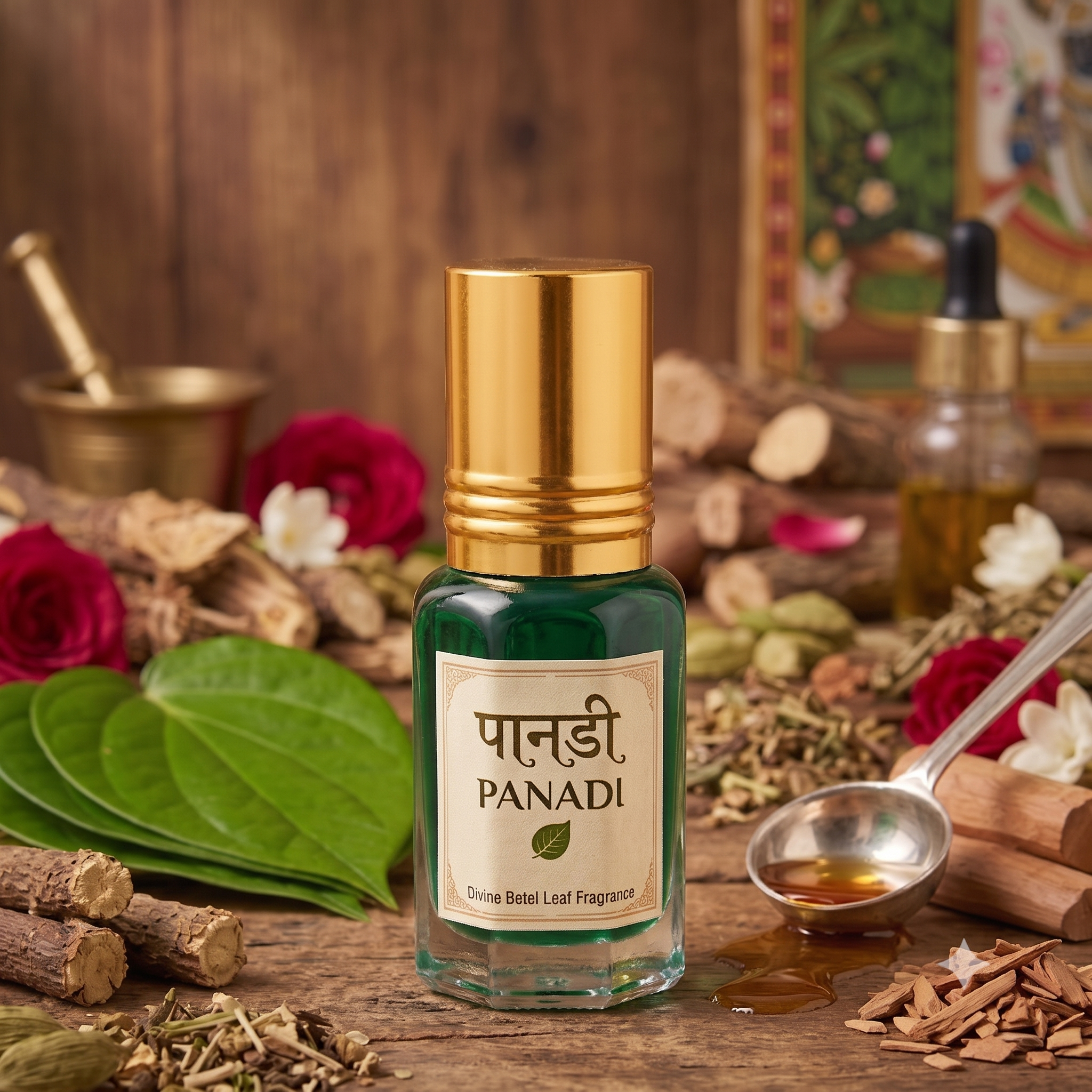Panadi Sugandhi roll-on bottle placed in front of a traditional Pichwai painting for Thakorji shringar Seva