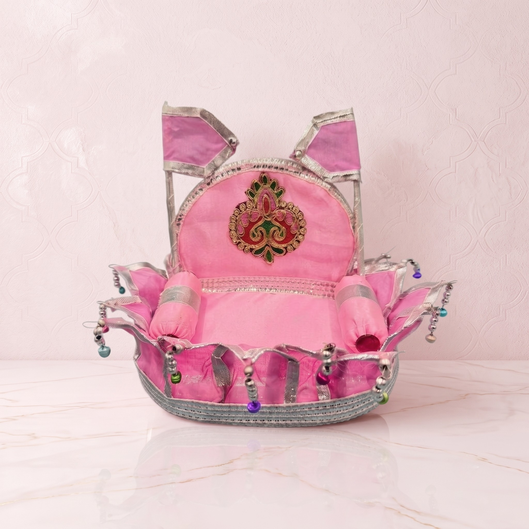 Handcrafted soft pink lotus Sinhasan for Thakorji with silver threadwork from Radhakrishna shop.