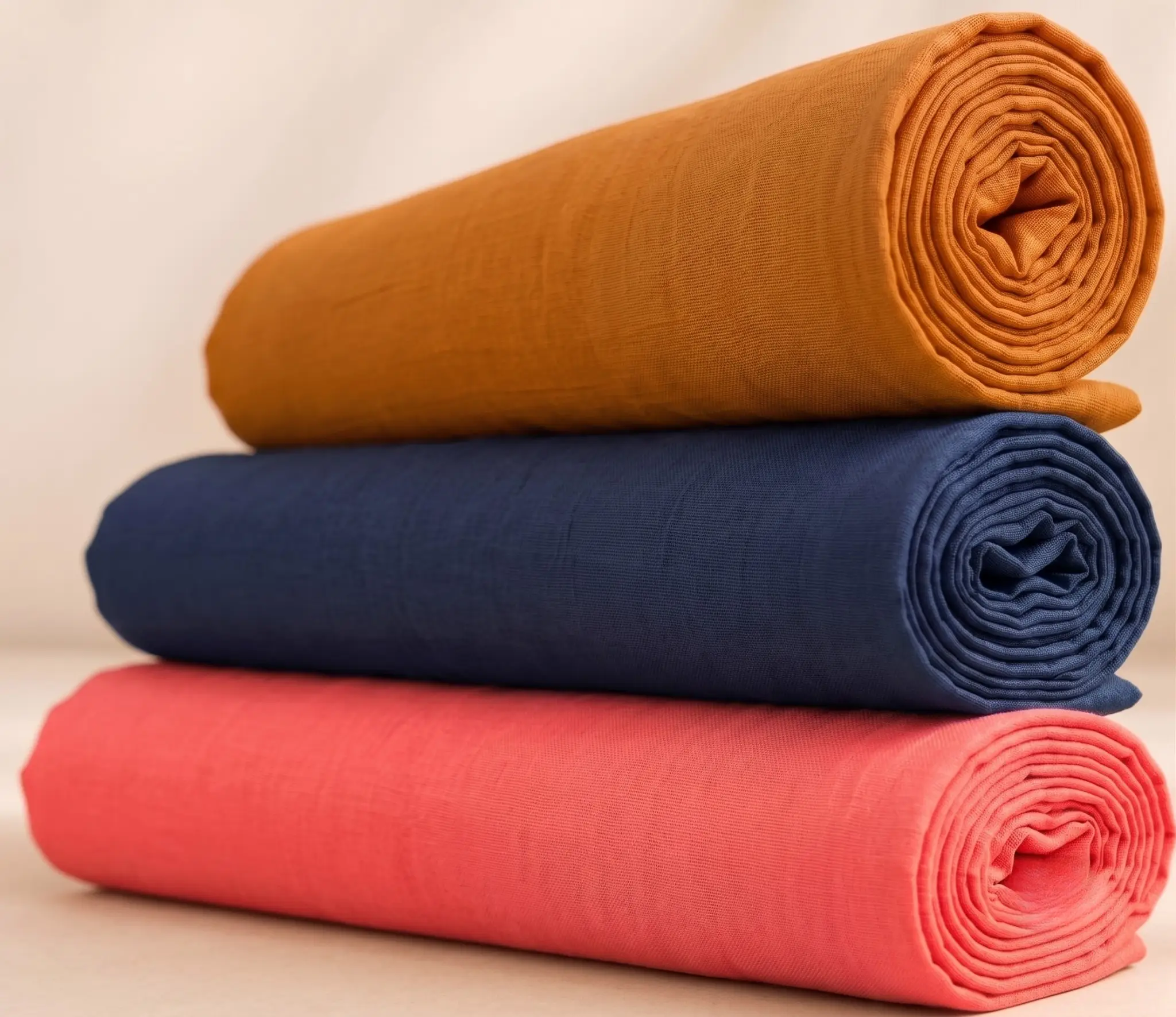 Three rolled plain vastra pieces stacked as a combo fabric set for Pushtimarg shringar use