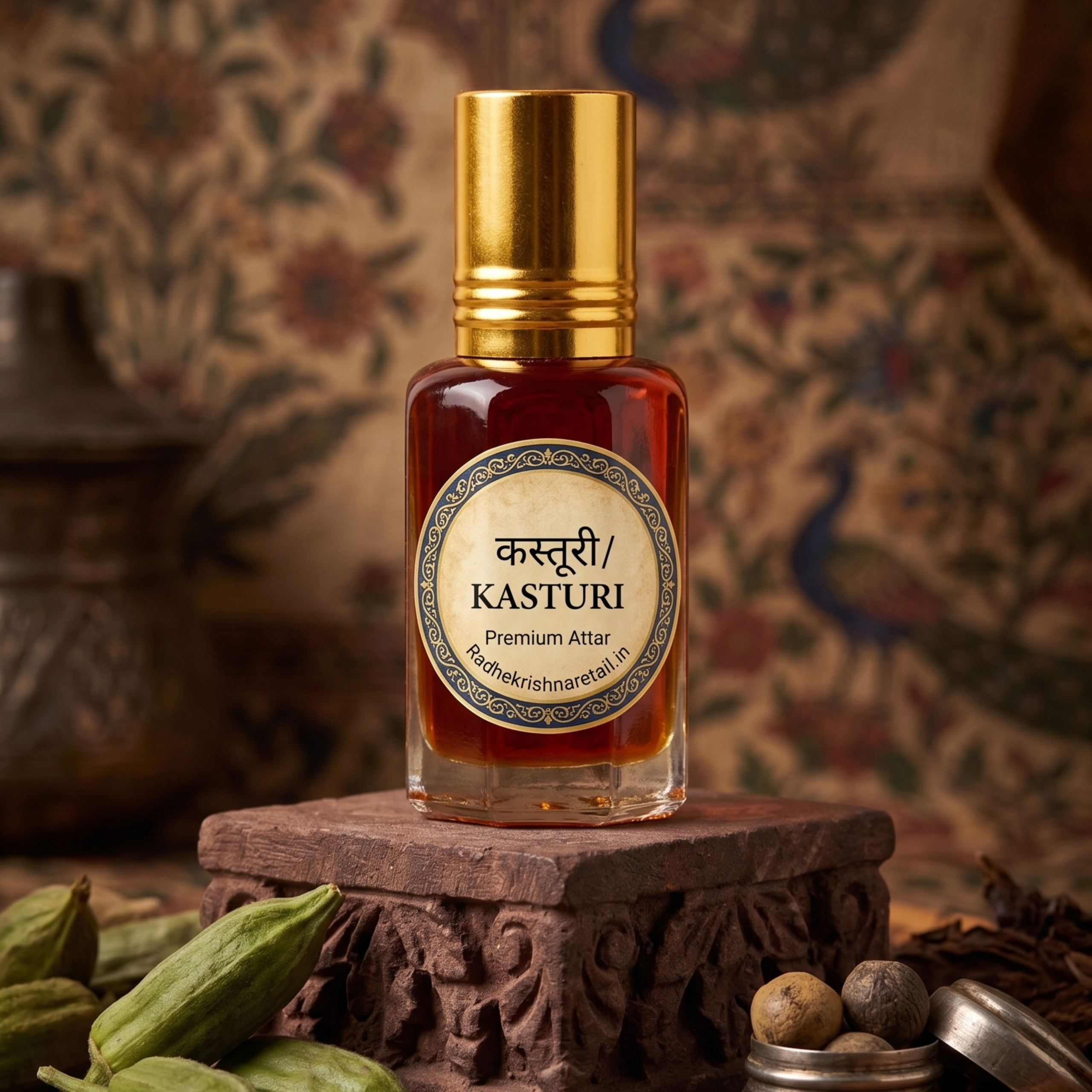 Kasturi attar bottle for Thakorji seva placed on a carved stand with traditional whole spices
