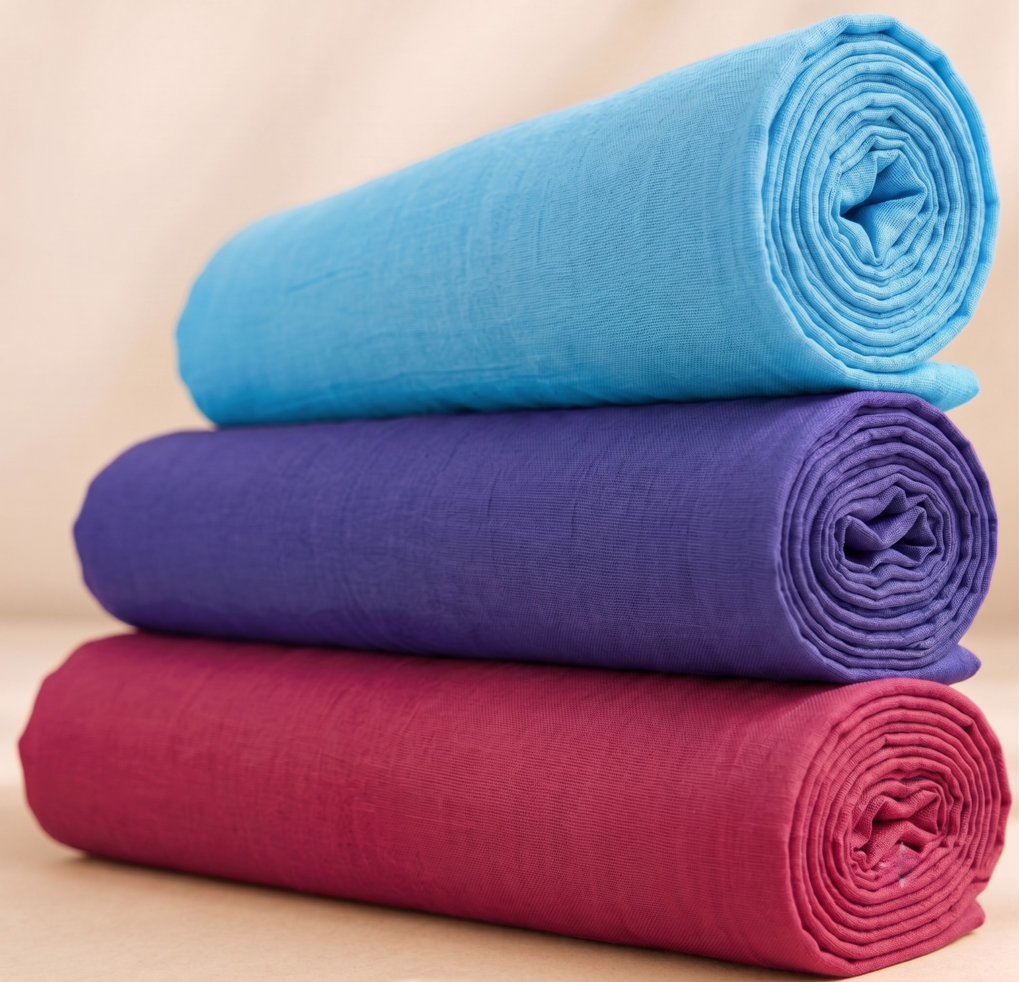 Three rolled plain vastra pieces stacked as a Pushtimarg seva combo for Thakorji shringar and temple dressing