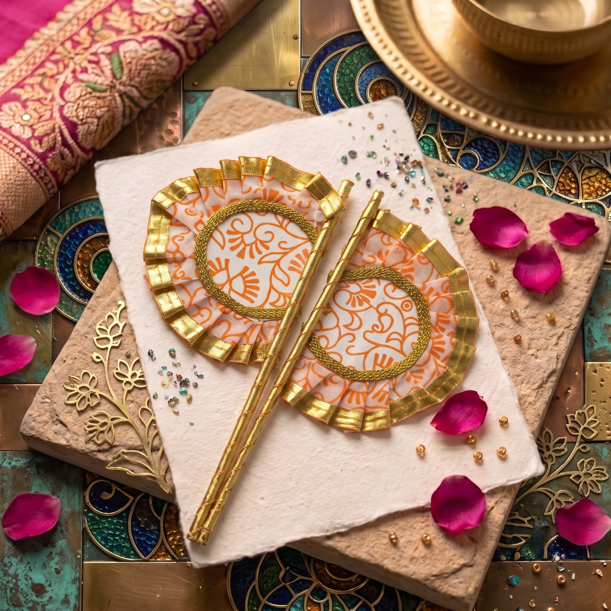 Two decorative white fans with orange floral patterns and gold trim, displayed on textured paper with rose petals and beads.