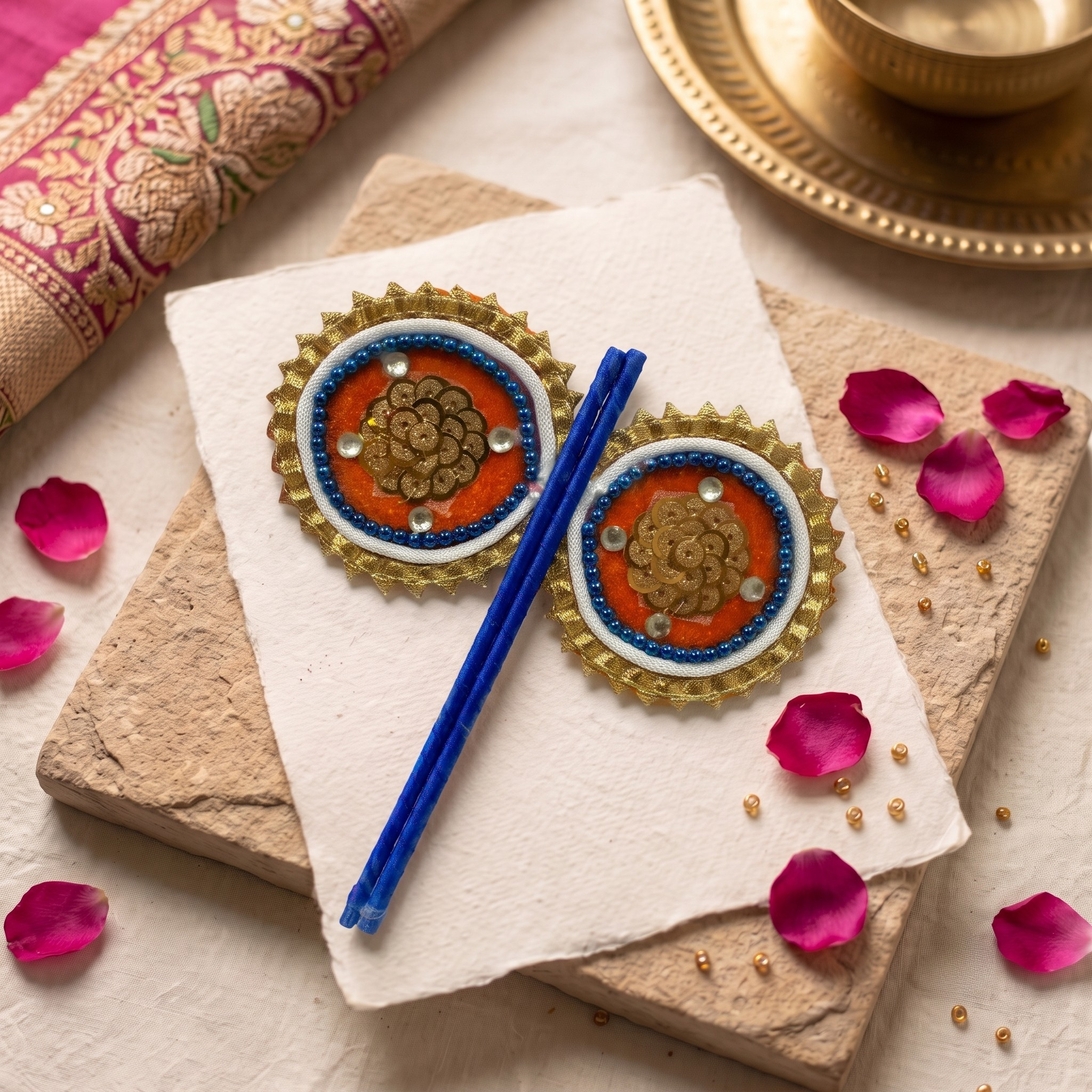 Decorative fan for worship with two circular orange and gold ornate designs, a blue handle, and scattered rose petals.