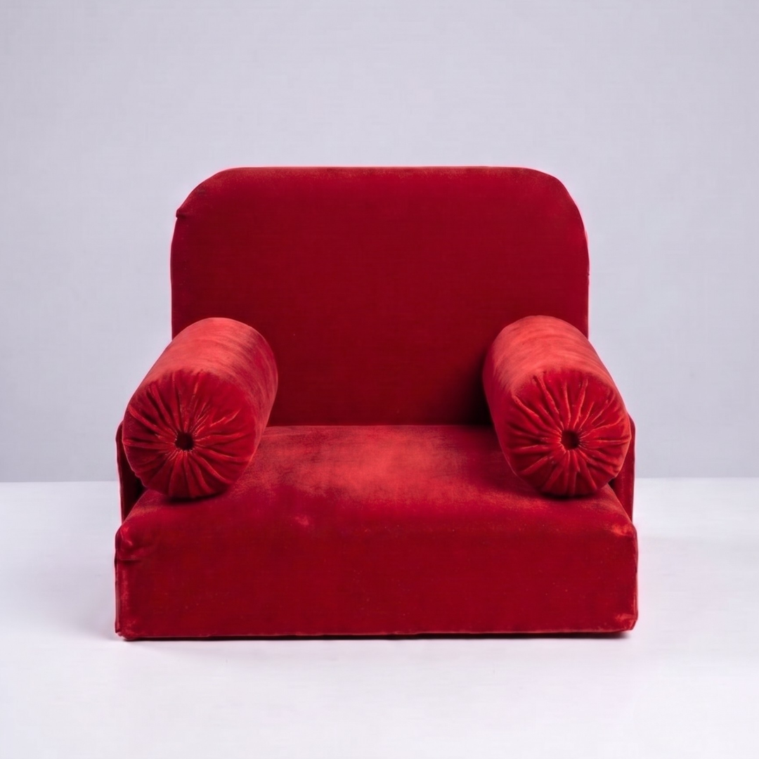 Handcrafted royal red velvet thakorji sinhasan cushion seat with side bolsters for mandir daily seva.