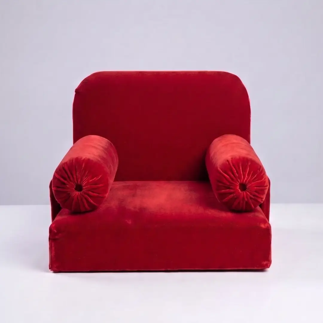 Handcrafted royal red velvet thakorji sinhasan cushion seat with side bolsters for mandir daily seva.