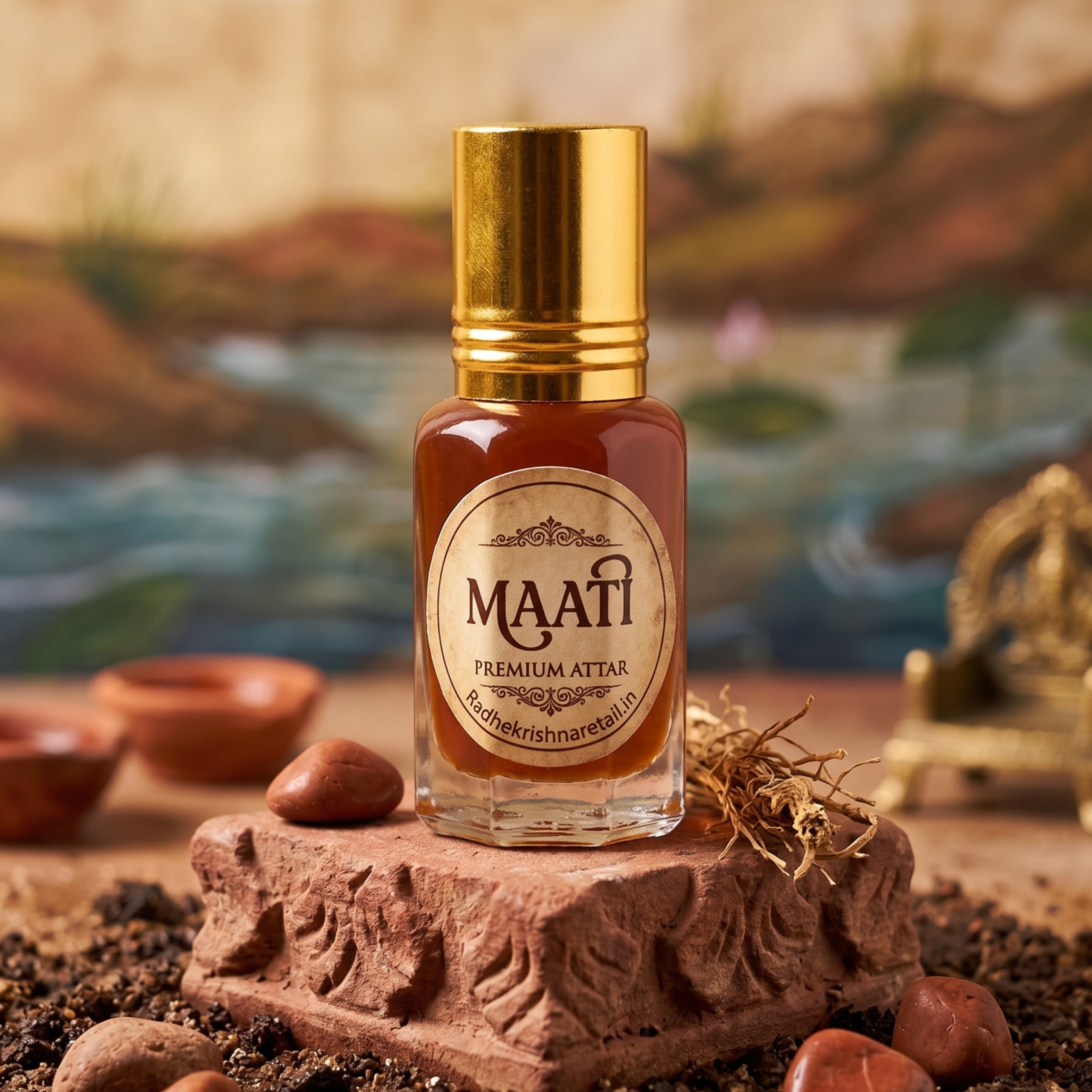 Maati attar bottle for Thakorji seva placed on a carved base with an earthy devotional backdrop