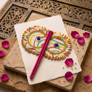 A decorative puja fan with colorful stripes and gold trim, adorned with blue sequins, set on textured paper with rose petals and beads.