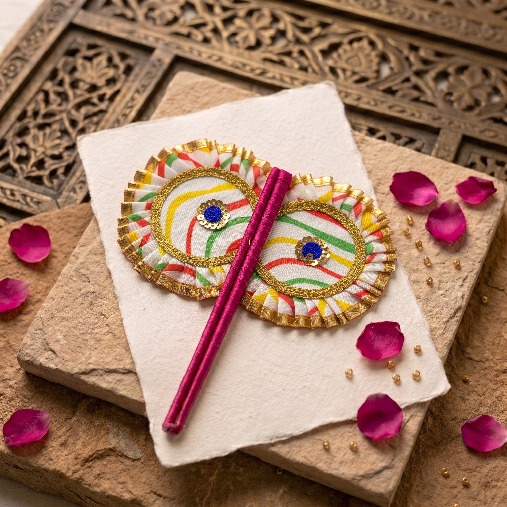 A decorative puja fan with colorful stripes and gold trim, adorned with blue sequins, set on textured paper with rose petals and beads.