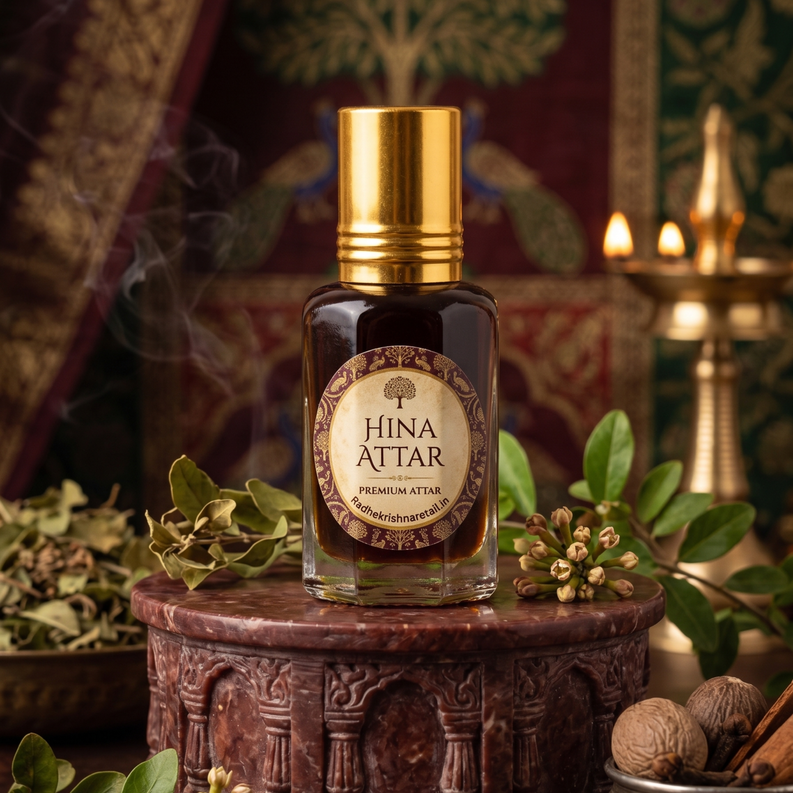 Single Hina attar bottle for Thakorji seva displayed in a traditional devotional setting
