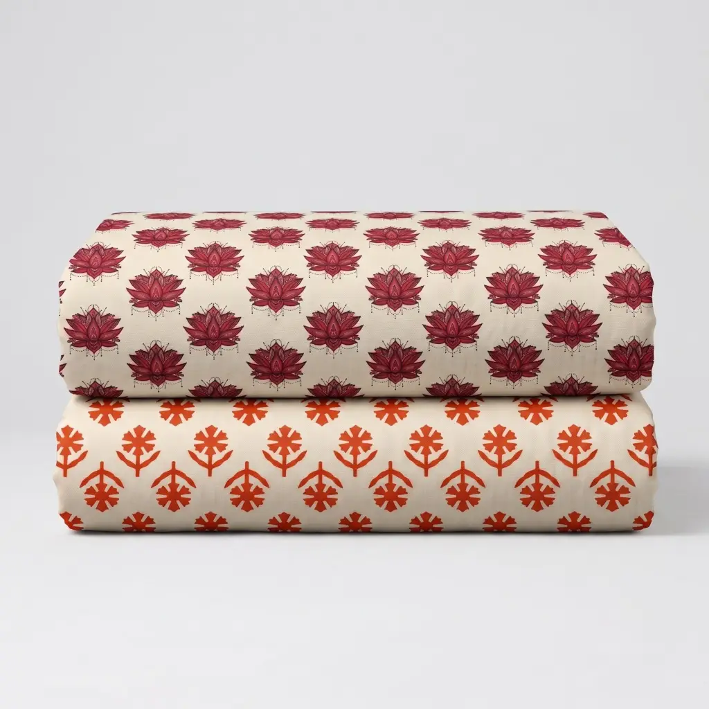 Two folded printed vastra pieces for Thakorji shringar, featuring lotus motifs and devotional floral pattern details.