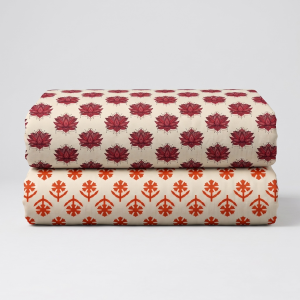 Two folded printed vastra pieces for Thakorji shringar, featuring lotus motifs and devotional floral pattern details.