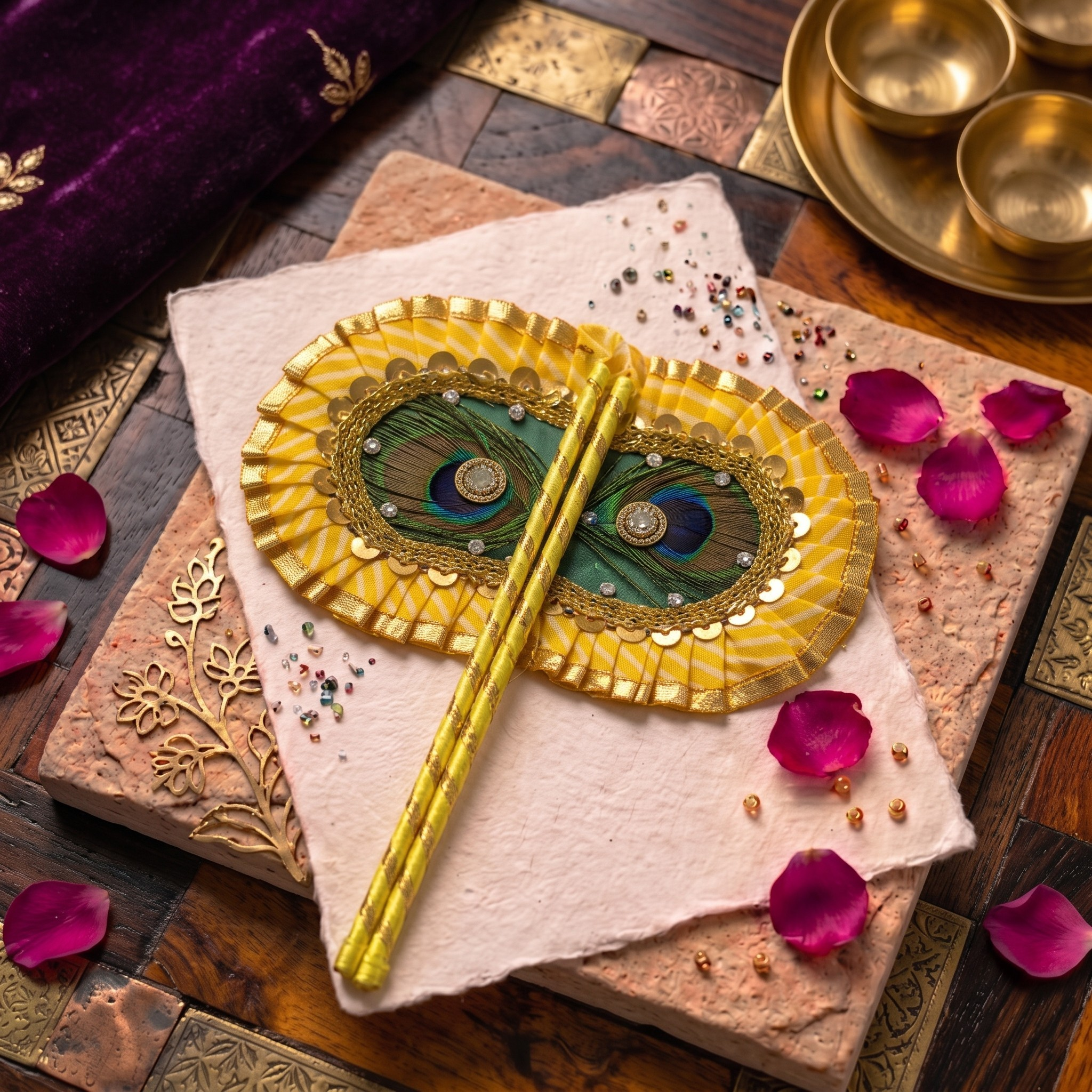 Decorative Thakorji puja fan with mor pankh detailing and ornate border, styled as a devotional mandir accessory