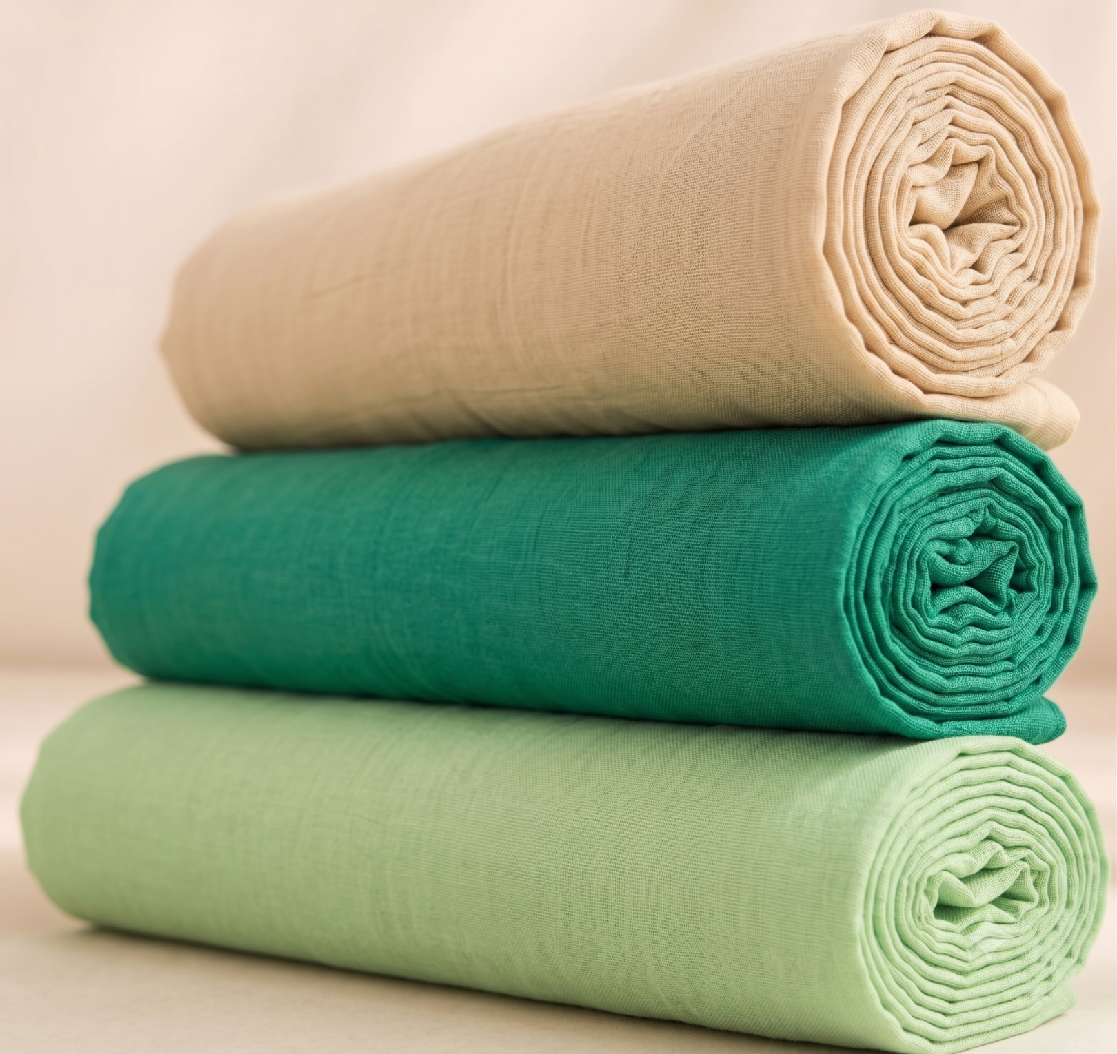 Three neatly rolled plain vastra pieces stacked as a Thakorji shringar combo set for devotional dressing