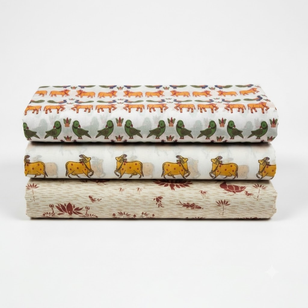 Three-piece Thakorji shringar vastra combo with animal and floral printed fabric folds stacked for devotional use