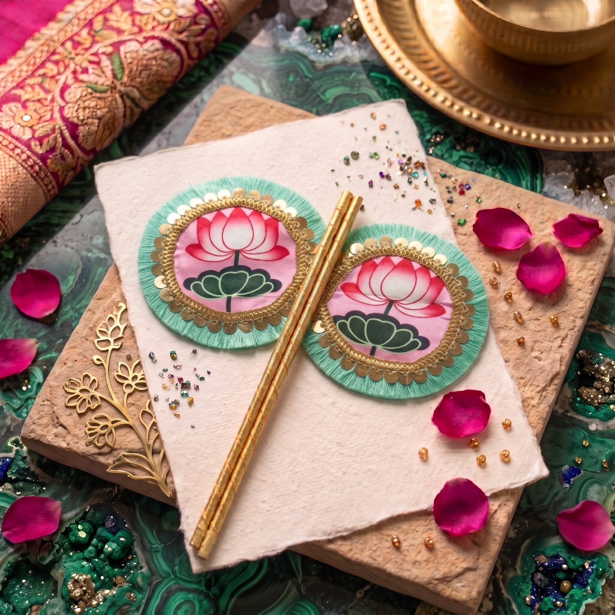 Decorative fan for Thakorji featuring two circular panels with pink lotus designs on a pale pink background, edged in teal fringe and gold trim, held together by gold striped sticks.