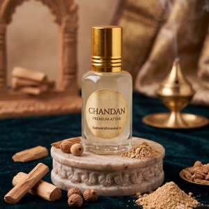 Chandan attar bottle for Thakorji seva displayed with traditional wooden elements in a devotional setting