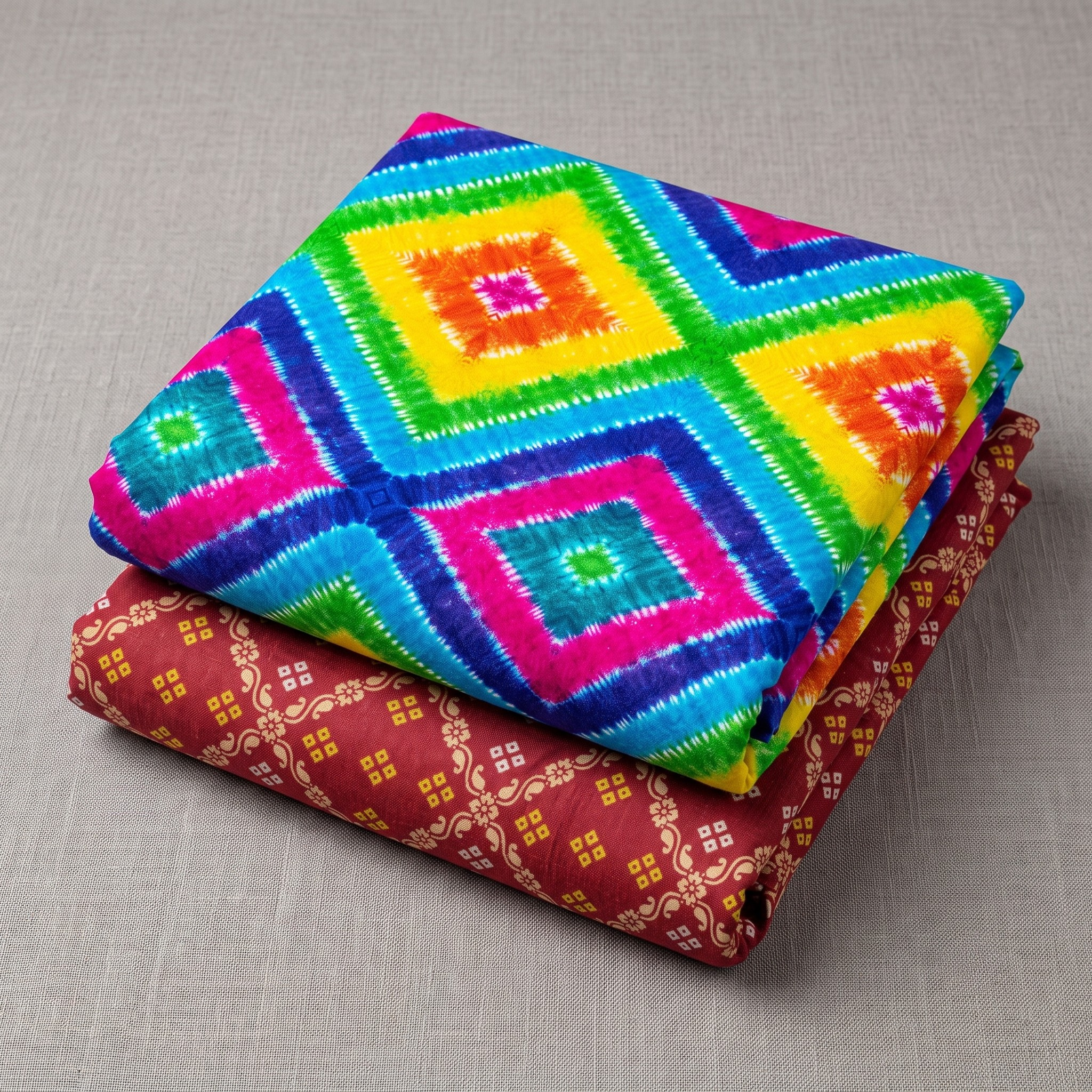 Vibrantly colored traditional Bandhani and printed Vastra for Thakorji shringar Seva at Radha Krishna Retail.