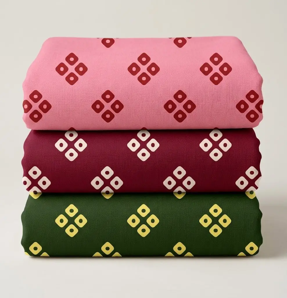 Three folded printed vastra pieces stacked as a Thakorji shringar combo set with repeating diamond motifs.