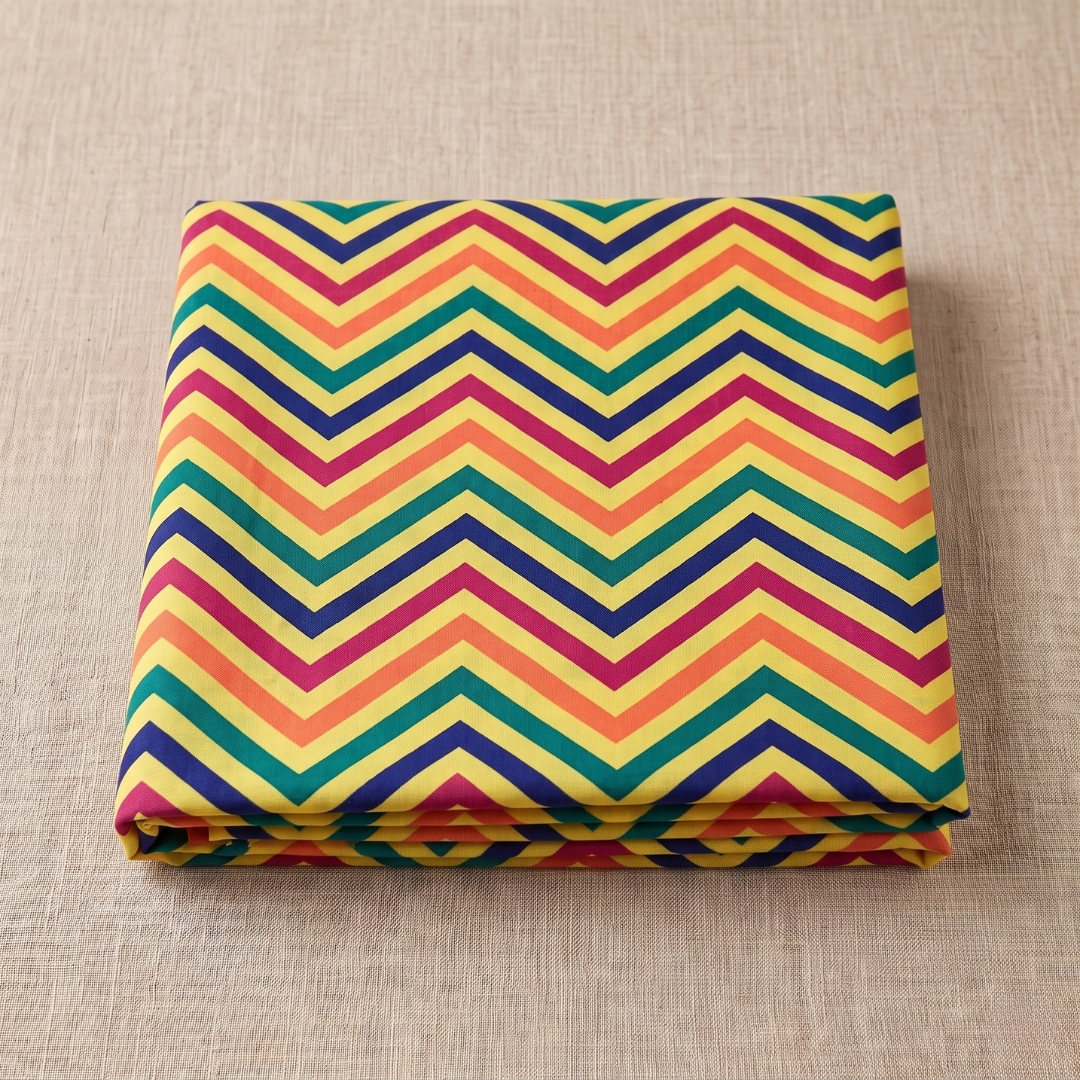 Folded multicolor chevron leheriya fabric with bold zig-zag wave patterns