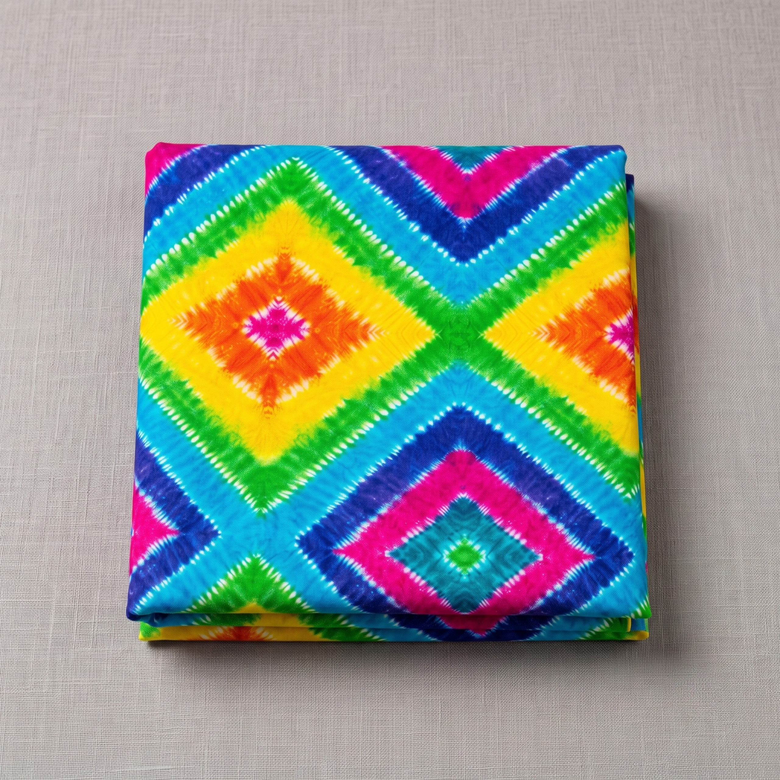 Vibrant folded tie-dye bandhani vastra for thakorji with colorful concentric diamond patterns