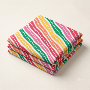 Folded multicolor wave dotted leheriya fabric featuring vibrant pink green yellow and orange stripes