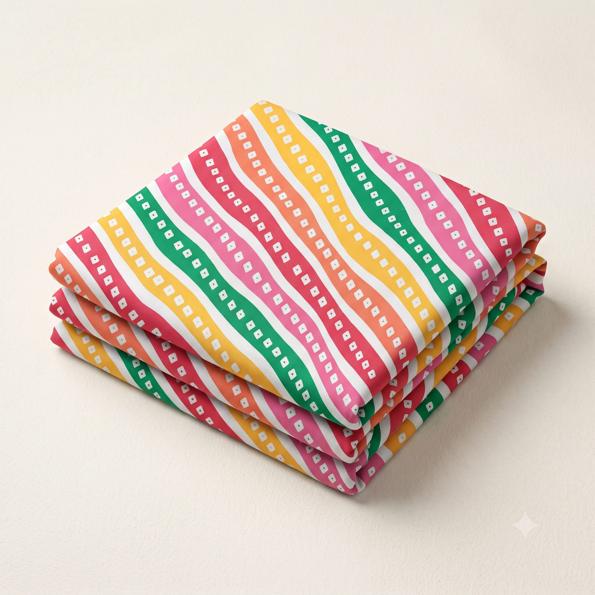 Folded multicolor wave dotted leheriya fabric featuring vibrant pink green yellow and orange stripes