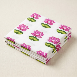 White pichwai print fabric featuring pink lotus motifs for Pustimarg Seva