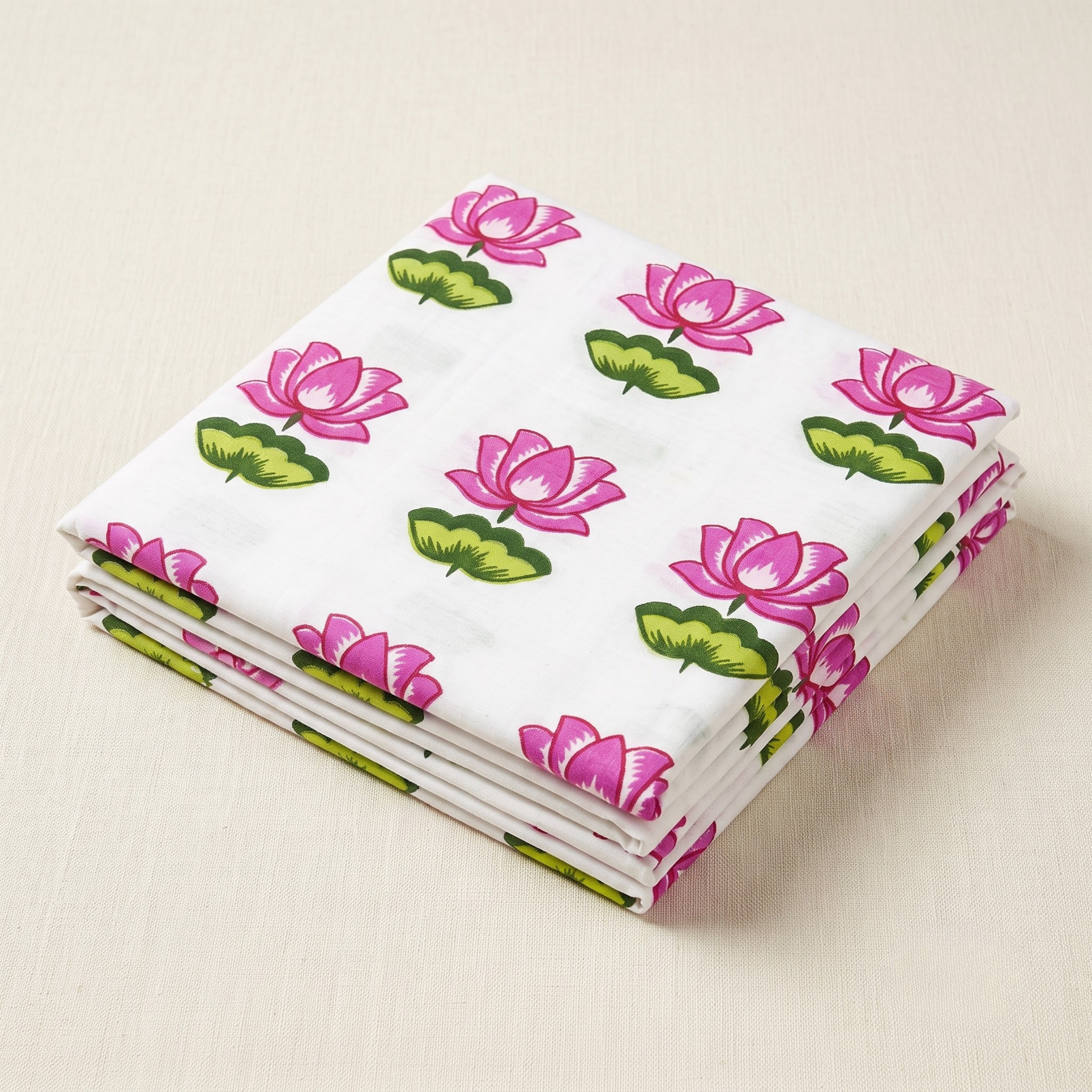 White pichwai print fabric featuring pink lotus motifs for Pustimarg Seva