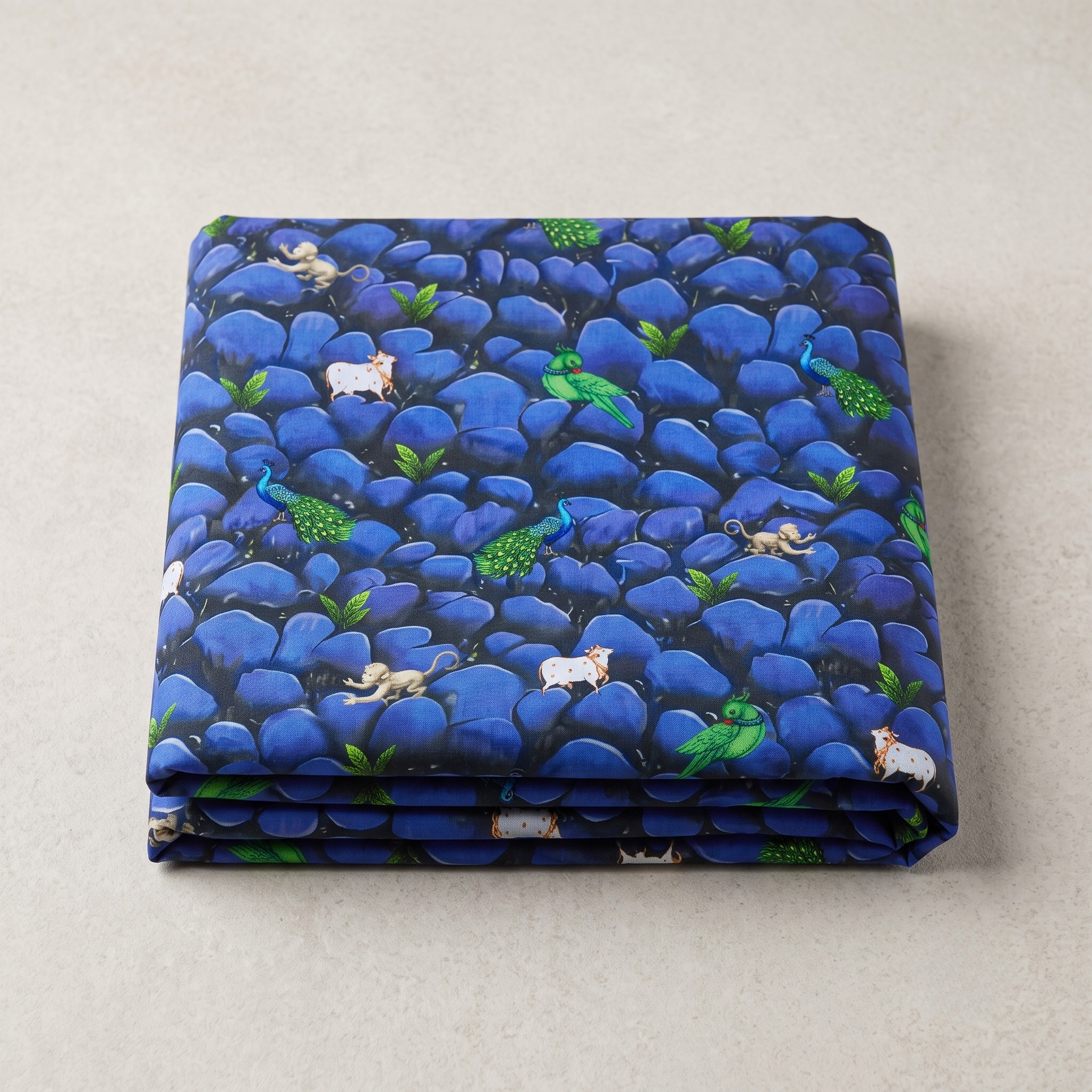 Premium royal blue Girikandra design pichwai print fabric for pushtimarg seva